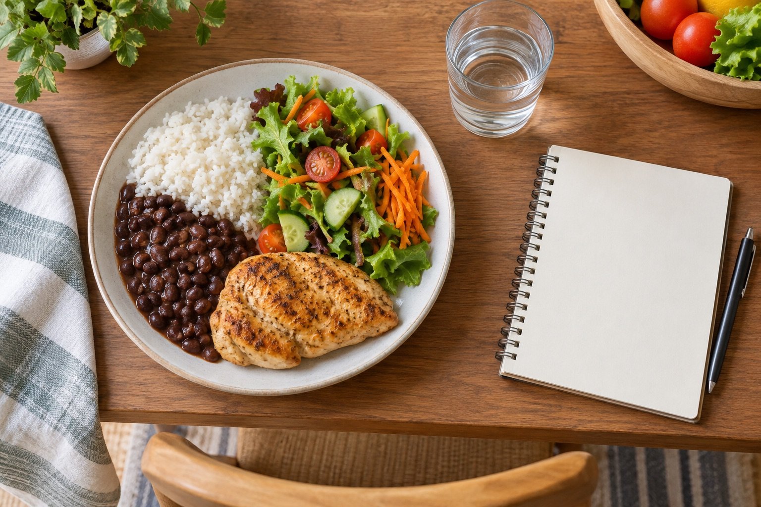 Prato com arroz, feijão, frango e salada ao lado de água e caderno de planejamento