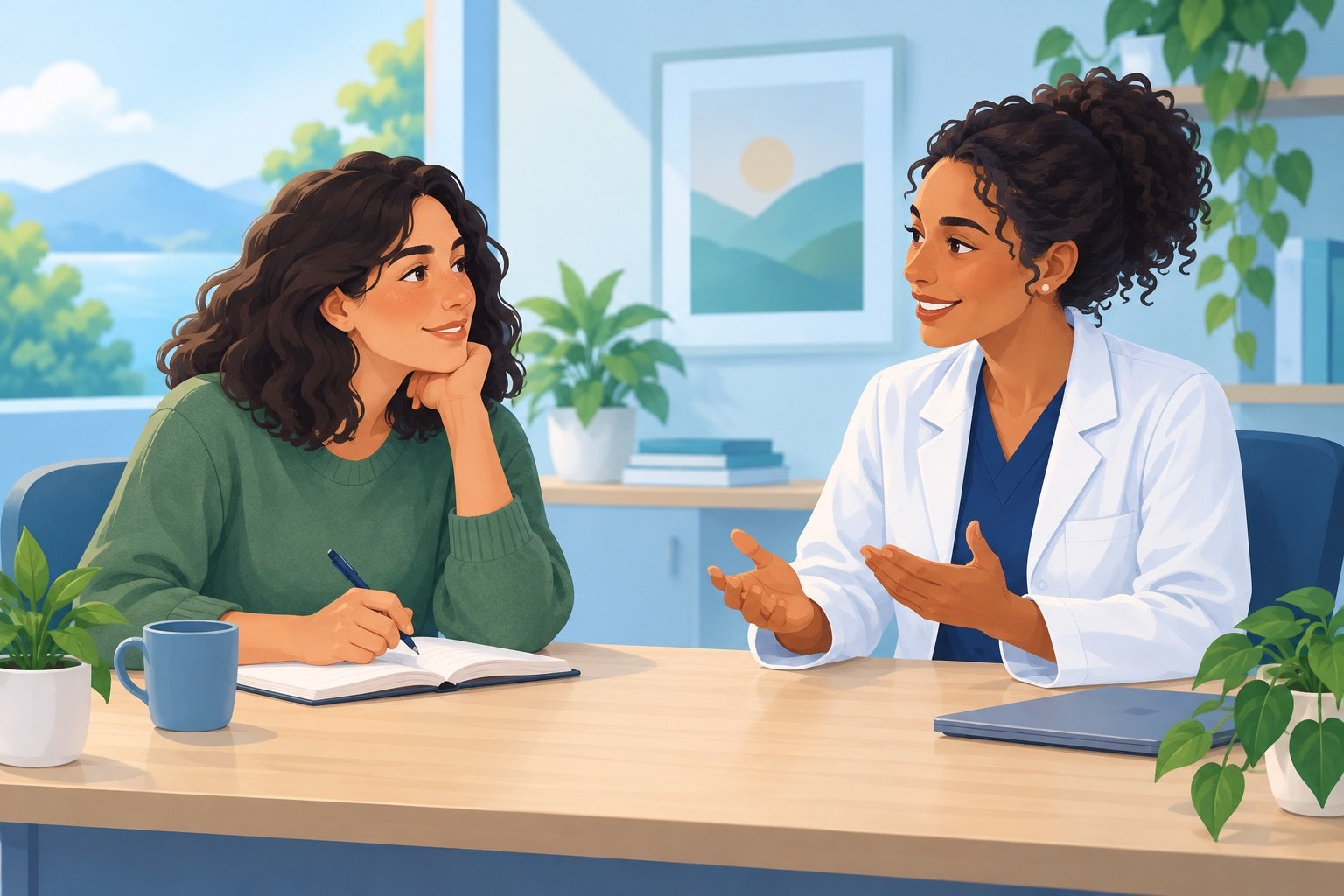 Ilustração de uma pessoa conversando com uma profissional de saúde e fazendo anotações