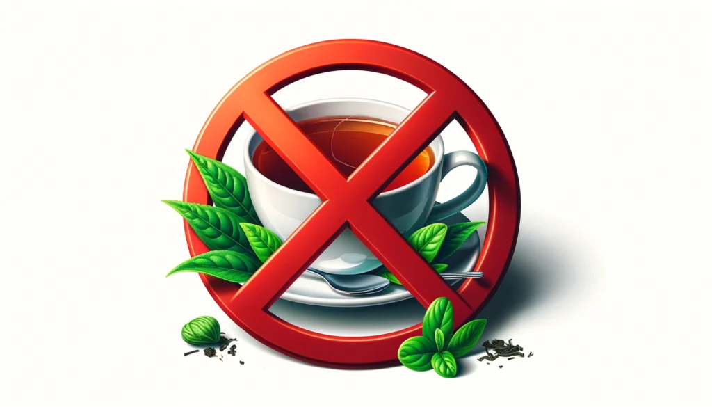 DALL·E 2024 04 24 11.38.27 Create a hyper realistic image with a white background featuring a cup of tea and a few green leaves with a large red X over them to symbolize prohib