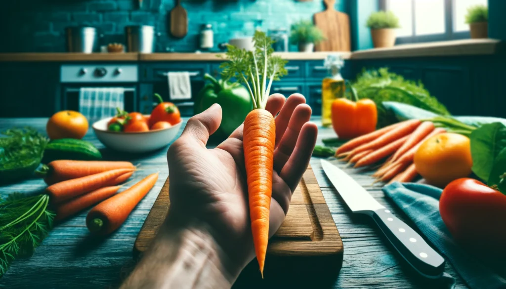 DALL·E 2024 04 26 16.19.41 Show a hand holding a fresh vibrant carrot with a kitchen or a setting related to healthy eating in the background. The carrot should be prominent an