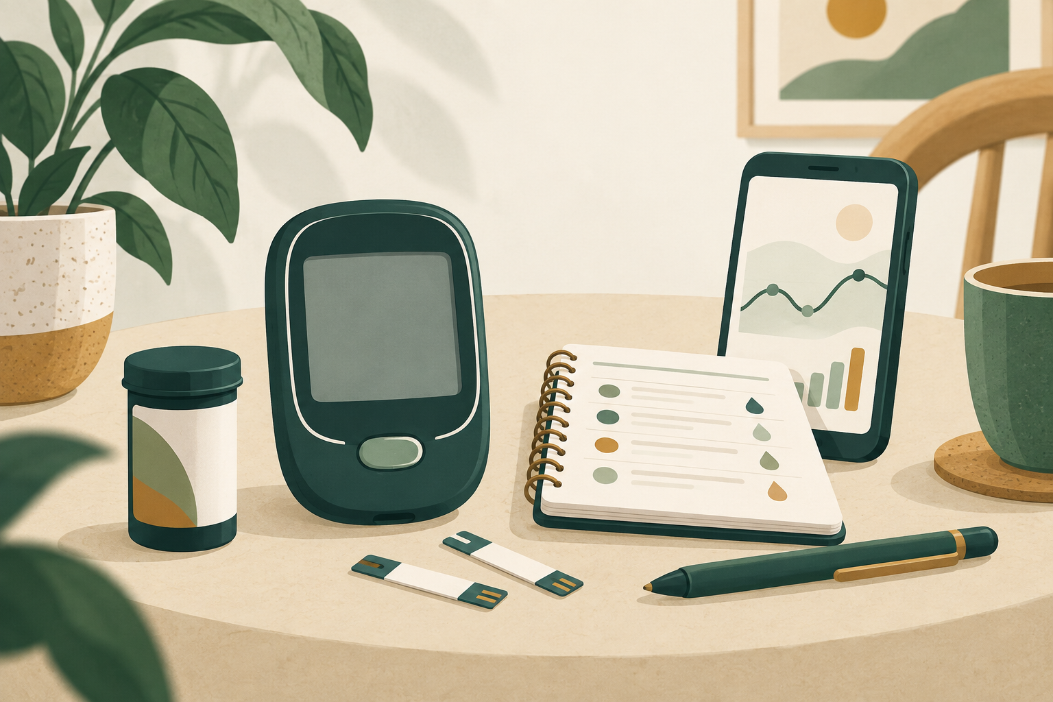 Ilustração de glicosímetro genérico, tiras, caderno e celular, representando critérios de escolha