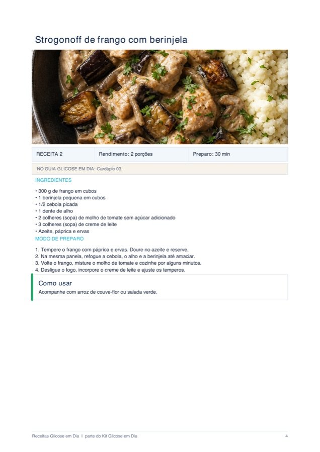 Página interna com foto, ingredientes e modo de preparo de uma receita