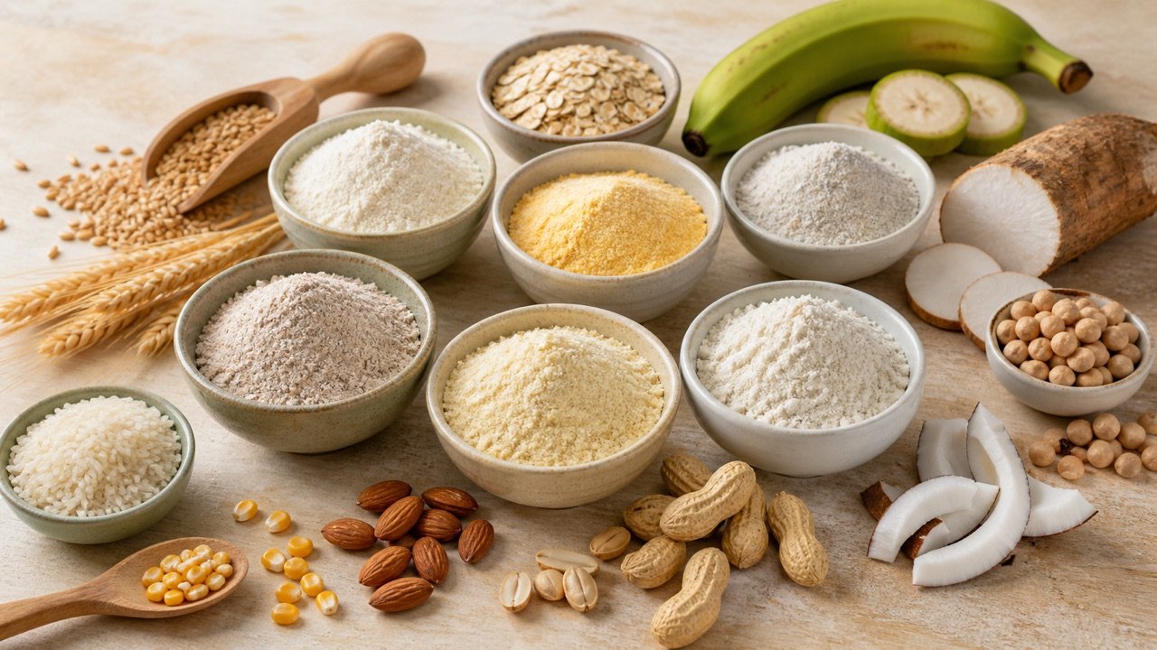 Tigelas com diferentes farinhas cercadas por grãos, mandioca, grão-de-bico, oleaginosas, coco e banana-verde