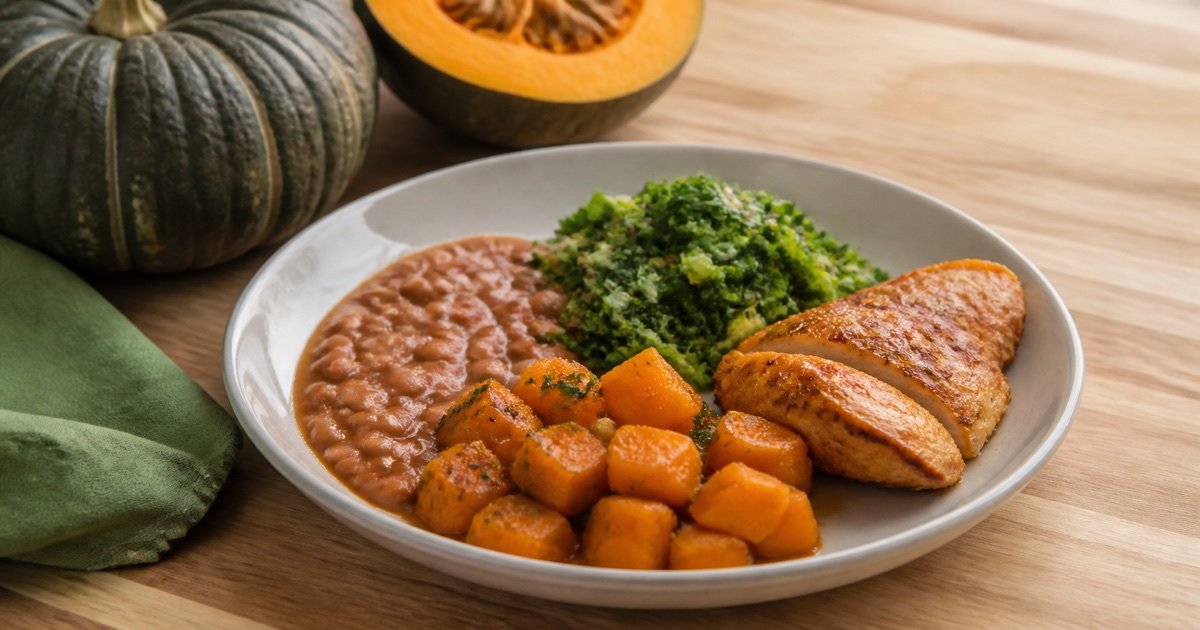 Refeição com abóbora cozida, feijão, verduras e frango ao lado de abóboras cabotiá