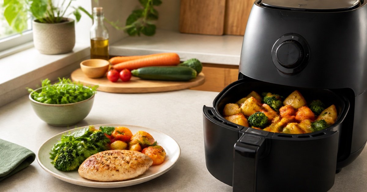 Air fryer aberta com legumes, batata e uma refeição equilibrada
