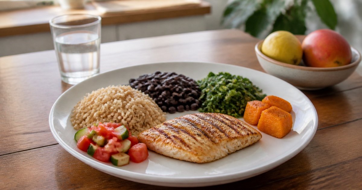 Refeição com arroz, feijão, peixe, verduras e legumes