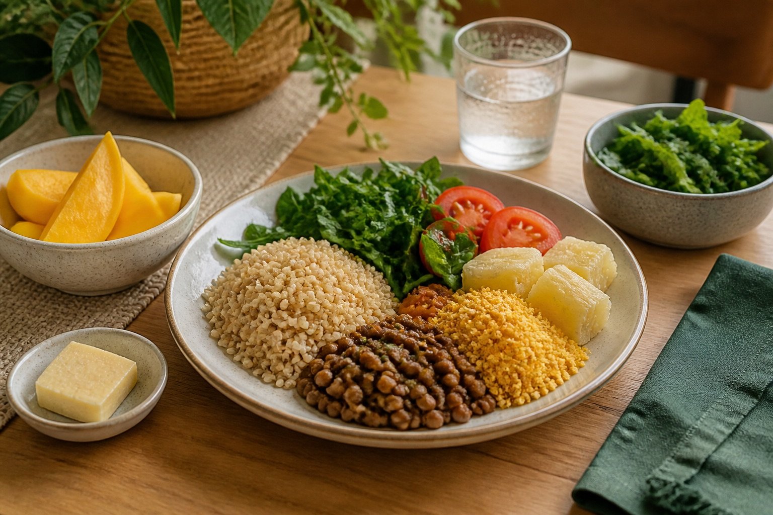 Refeição variada com arroz, lentilha, cuscuz, mandioca, folhas e manga
