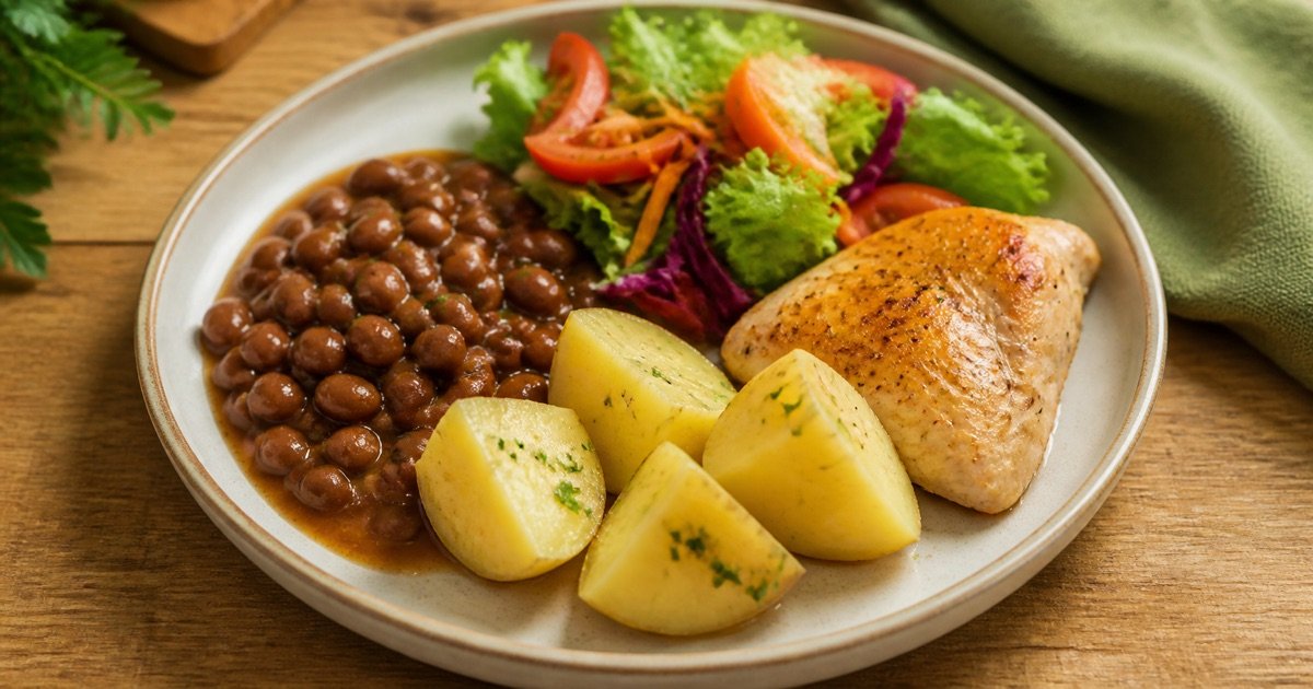 Batata e diabetes em uma refeição com vegetais, feijão e proteína