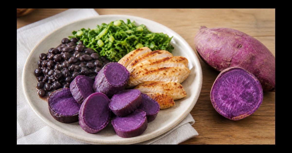 Batata-doce roxa cozida com feijão, verduras e frango em uma refeição