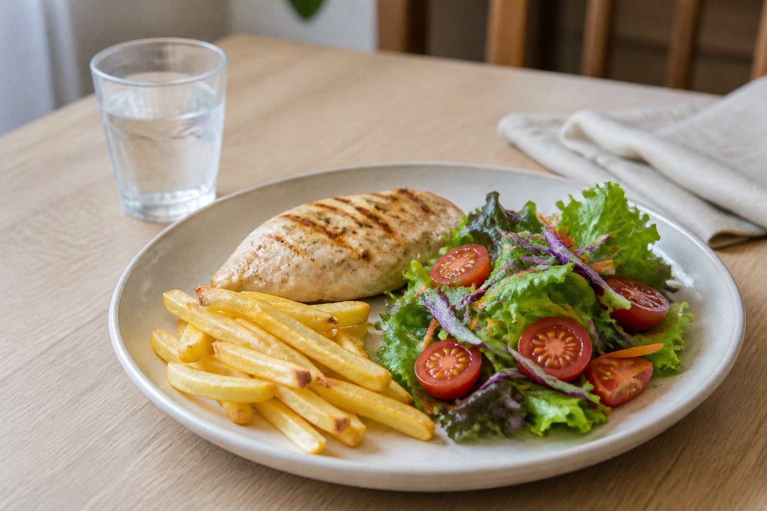 Batata frita ao lado de salada e frango em uma refeição