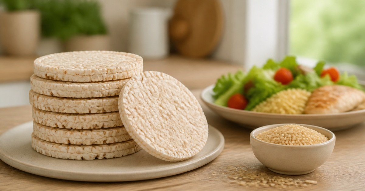 Biscoitos de arroz ao lado de grãos de arroz em uma mesa