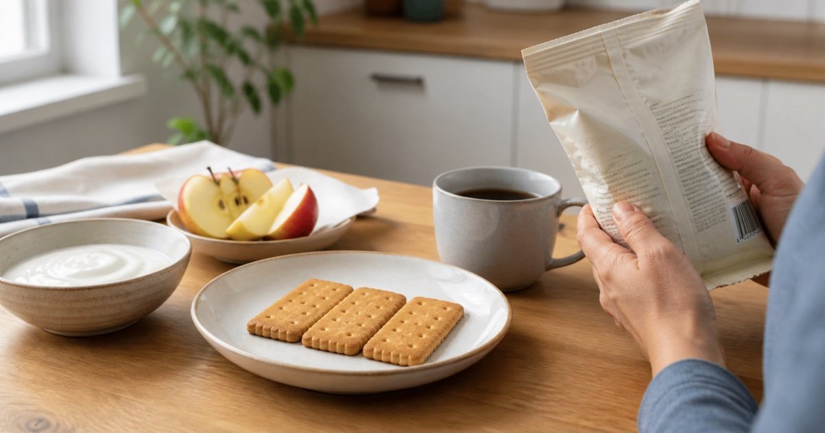 Biscoitos de maisena ao lado de fruta, iogurte e rótulo