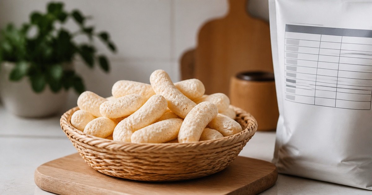 Biscoitos de polvilho ao lado de uma embalagem com tabela nutricional
