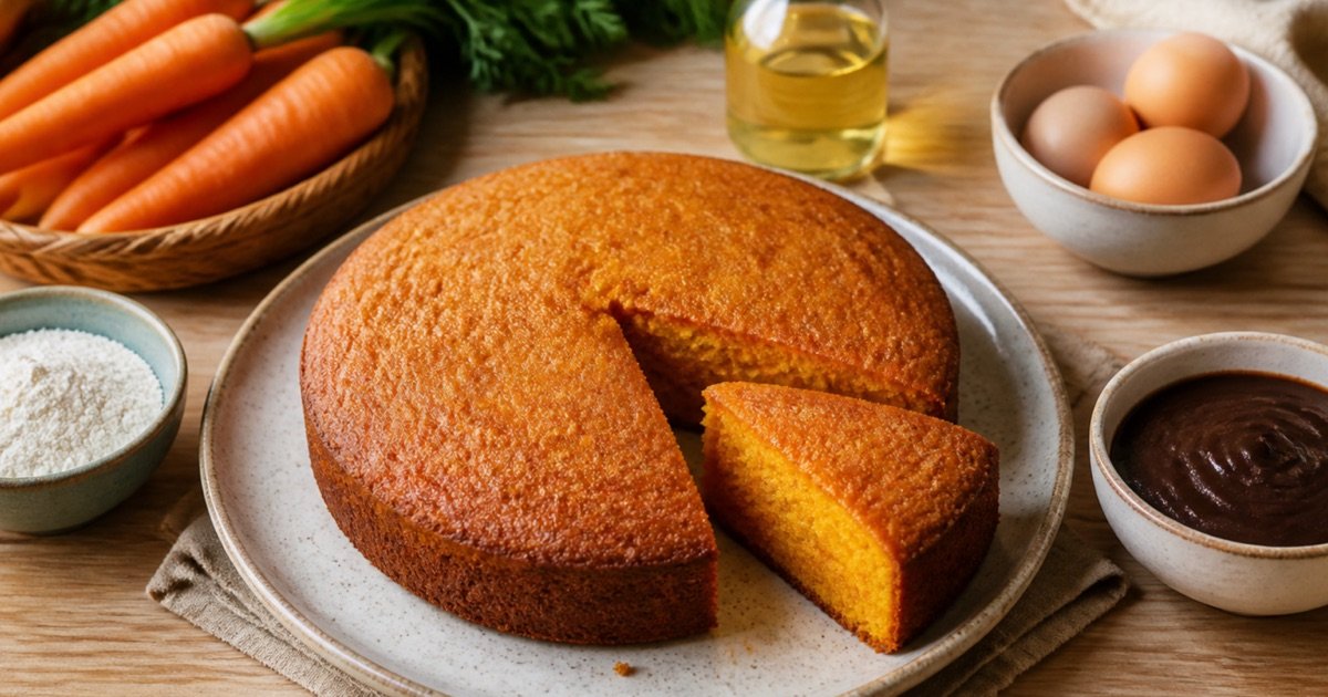 Bolo de cenoura caseiro com fatia cortada, ingredientes e cobertura de chocolate separada
