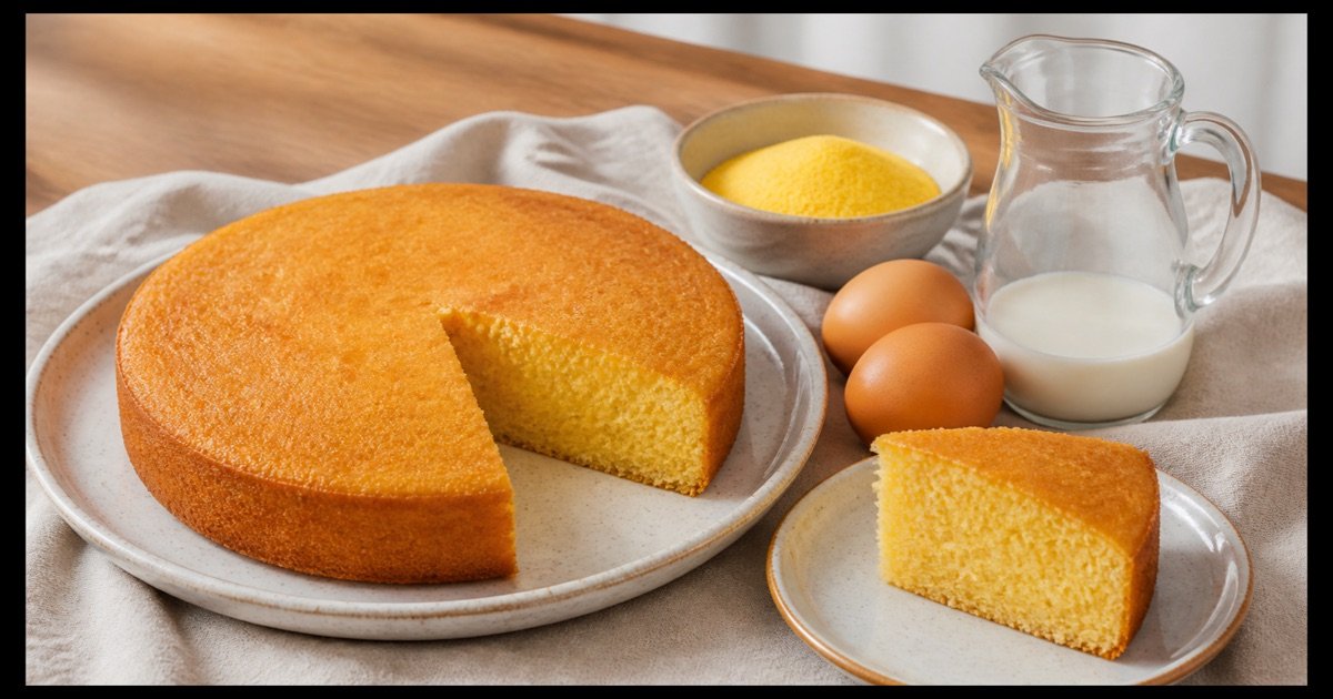 Bolo de fubá caseiro ao lado de fubá, ovos e leite
