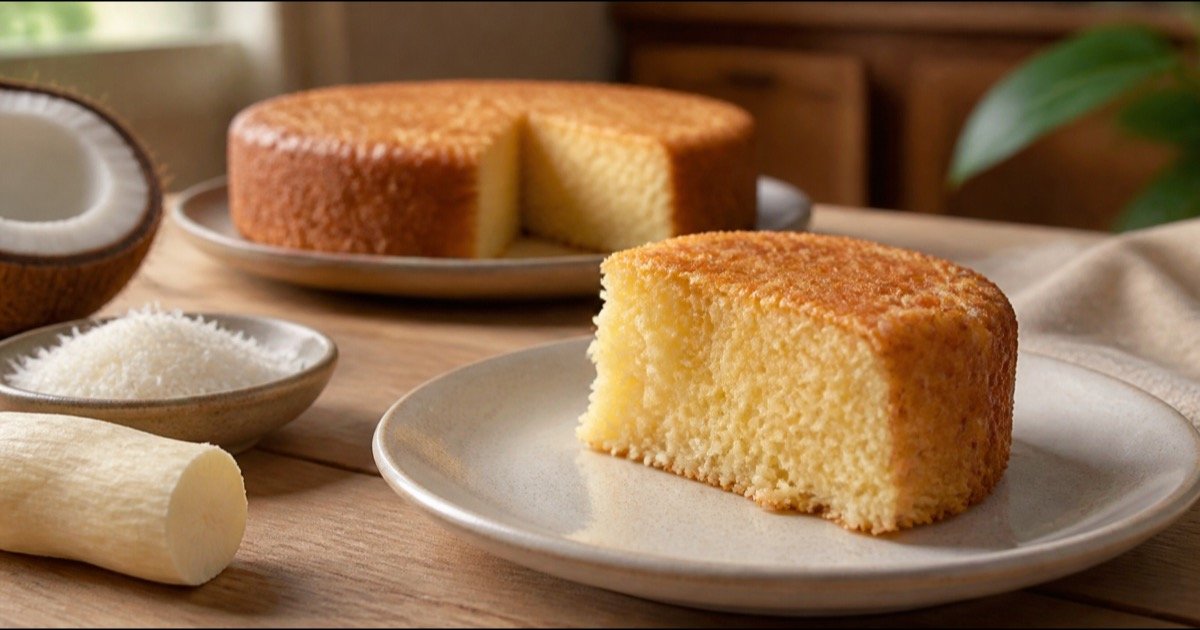 Fatia de bolo de mandioca ao lado de coco e raiz de mandioca em uma mesa