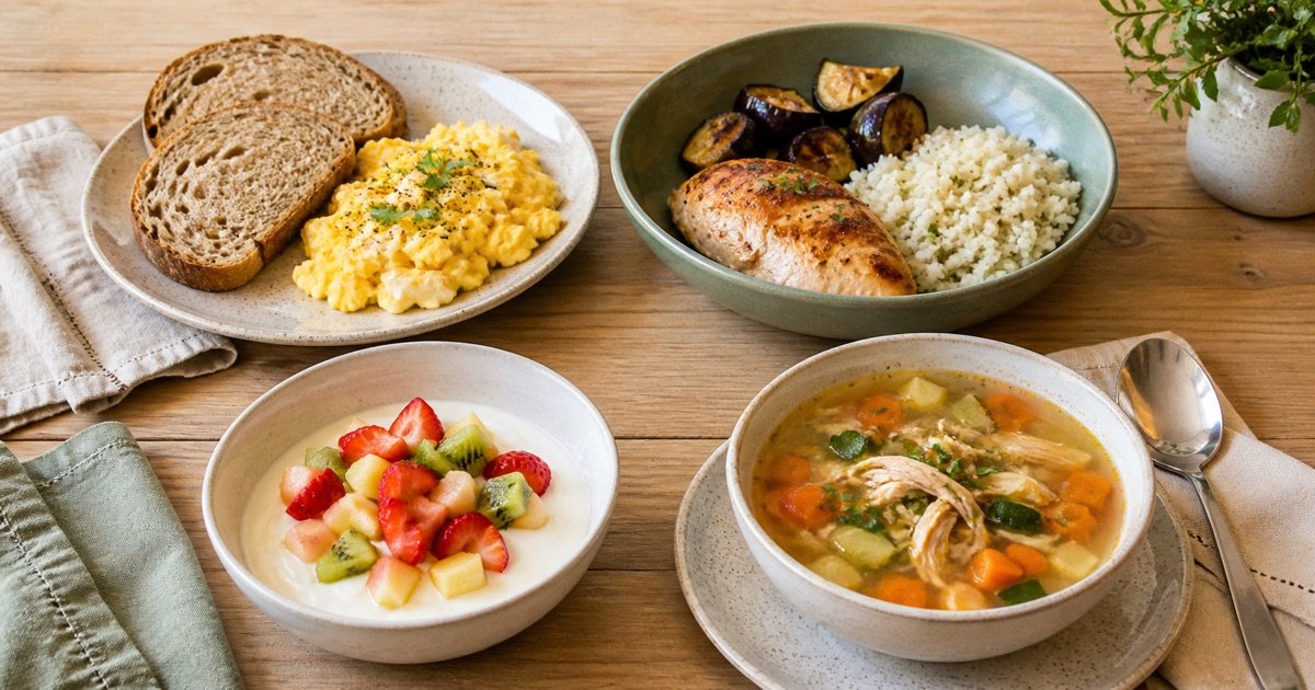 Quatro refeições de um cardápio low carb educativo