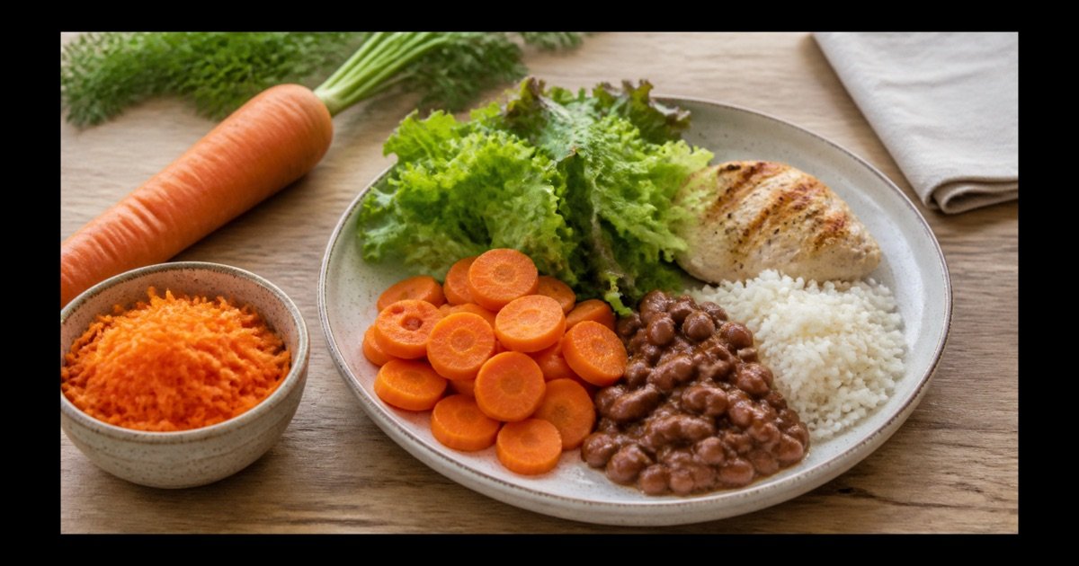 Cenoura crua ralada e cenoura cozida com arroz, feijão, salada e frango