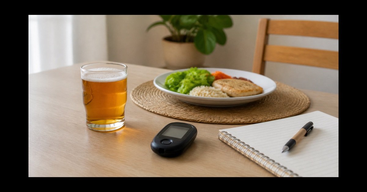 Copo pequeno de cerveja ao lado de refeição, glicosímetro com tela apagada e caderno