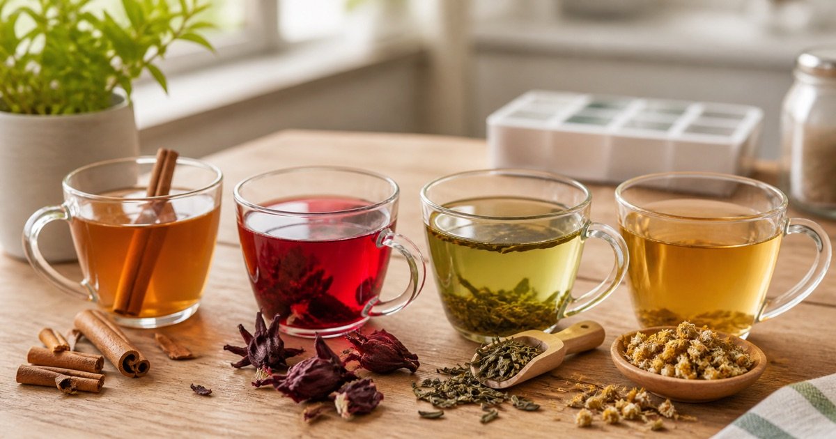 Quatro xícaras com chá de canela, hibisco, chá verde e camomila sobre uma mesa