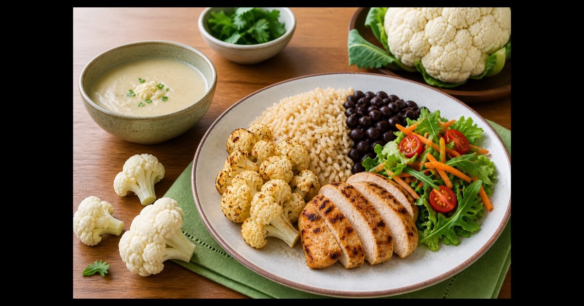 Couve-flor assada com arroz, feijão, frango e salada em uma refeição