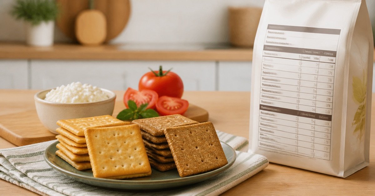 Biscoitos cream cracker tradicionais e integrais ao lado de uma embalagem com tabela nutricional