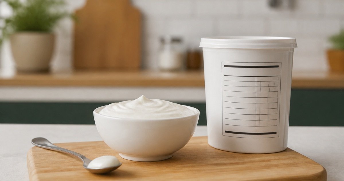 Creme de leite ao lado do rótulo nutricional para observar a composição