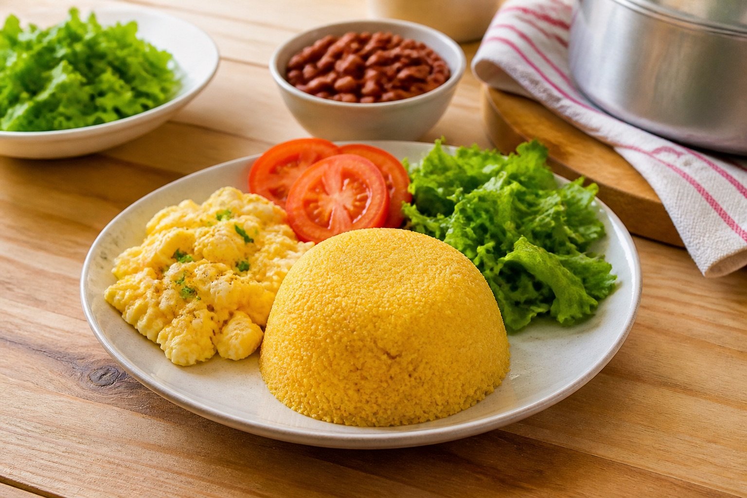 Cuscuz de milho com ovo, tomate, folhas e feijão em uma refeição