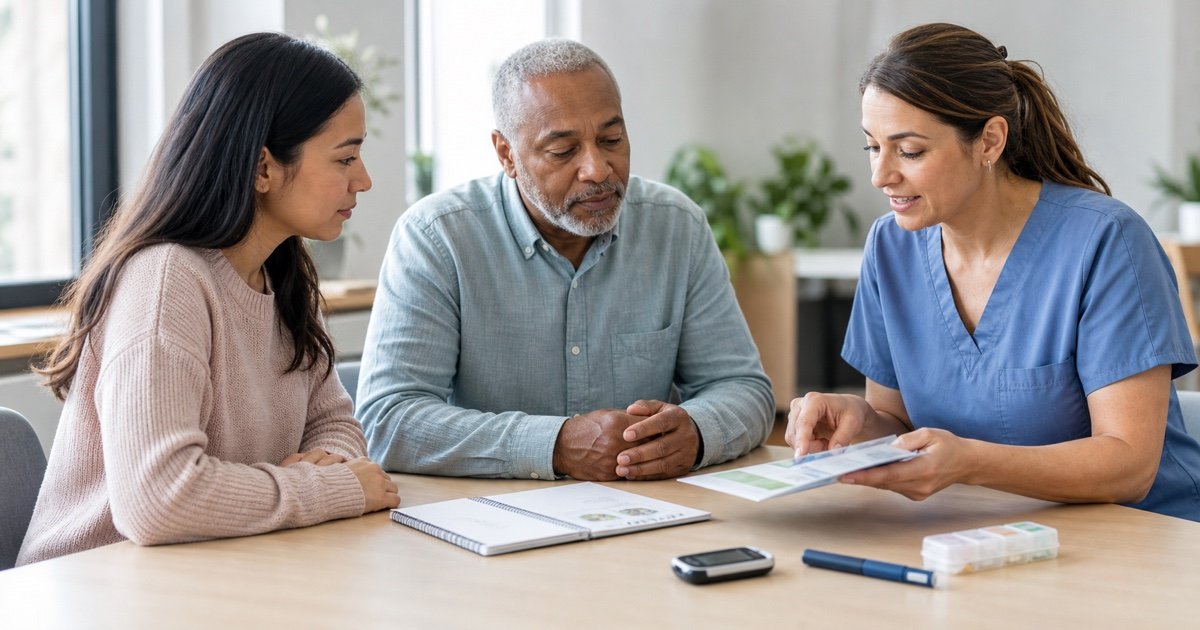 Duas pessoas conversando com profissional sobre cuidados com diabetes