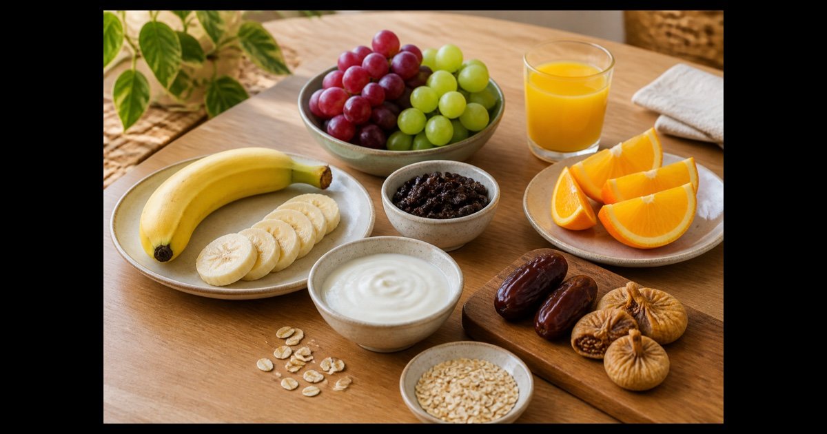 Banana, uvas, laranja, frutas secas, suco, iogurte e aveia sobre uma mesa
