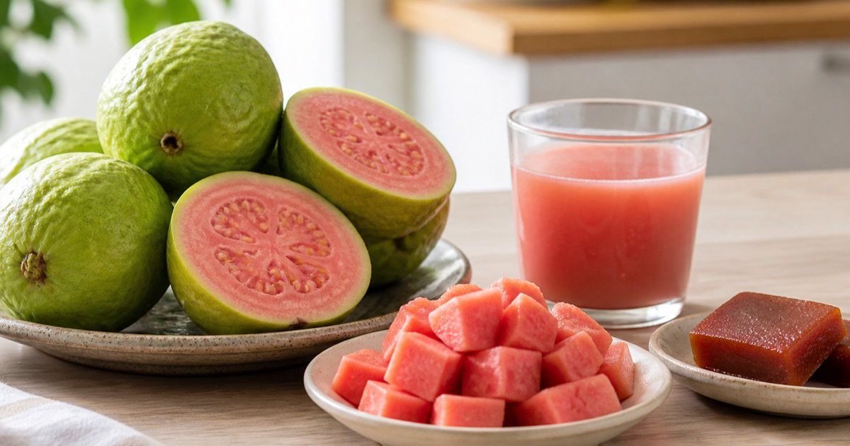 Goiabas frescas inteiras e cortadas ao lado de suco e pequenos pedaços de goiabada
