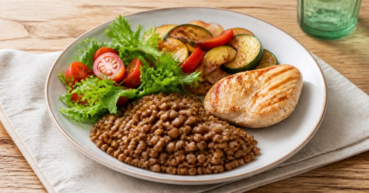 Lentilha com vegetais e frango em uma refeição prática