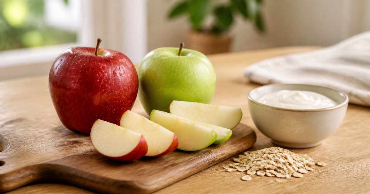 Maçãs vermelha e verde fatiadas com iogurte natural e aveia ao lado