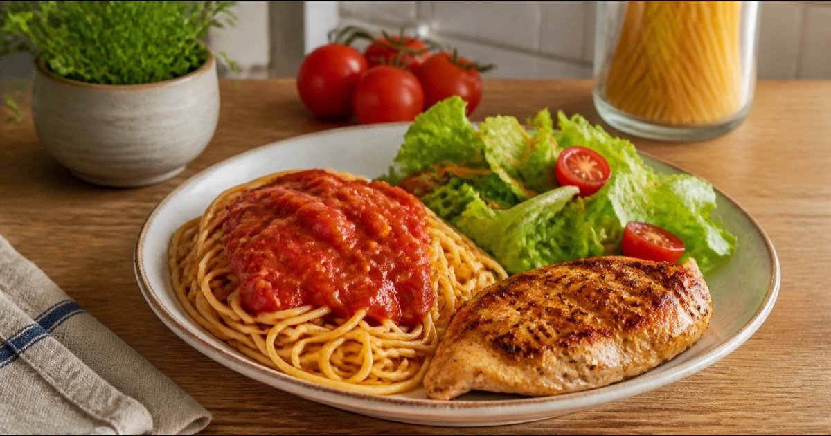 Prato com macarrão ao molho de tomate, salada e frango grelhado