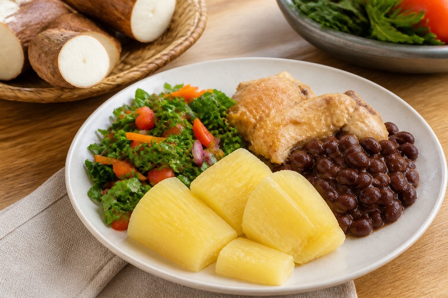 Mandioca cozida ao lado de feijão, vegetais e frango em uma refeição