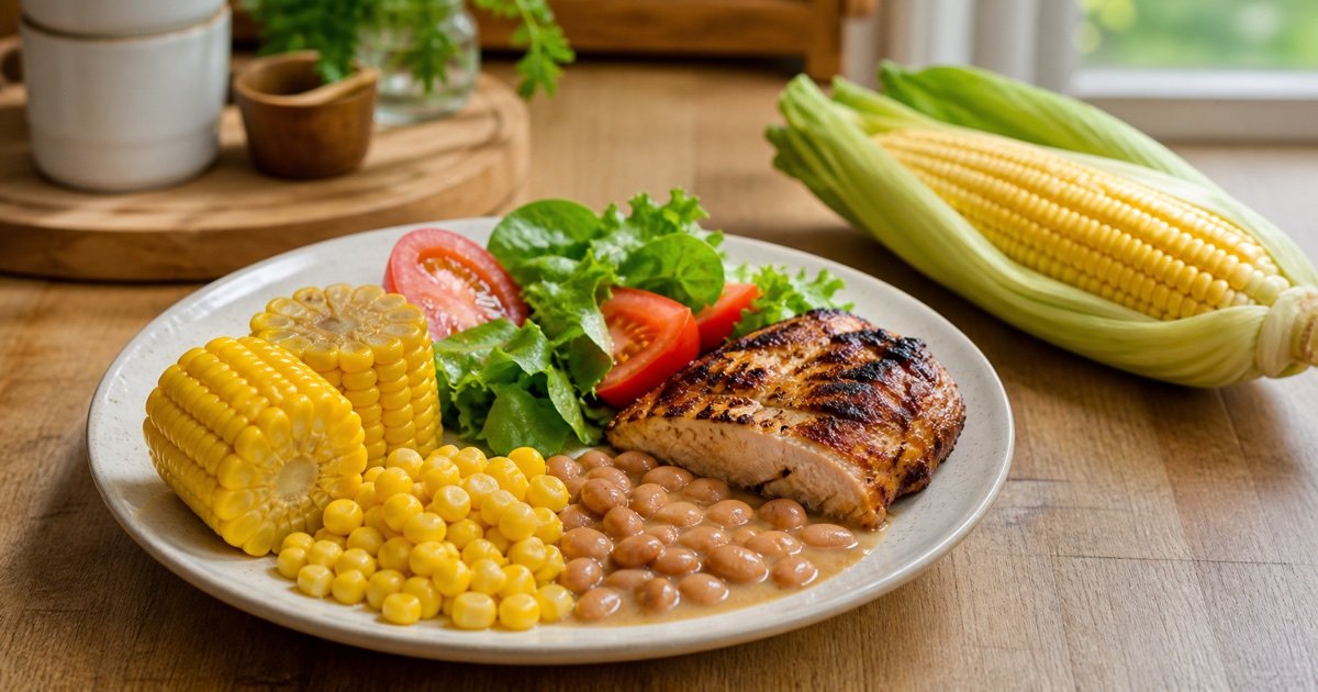Refeição com milho verde cozido, feijão, salada e frango ao lado de uma espiga de milho