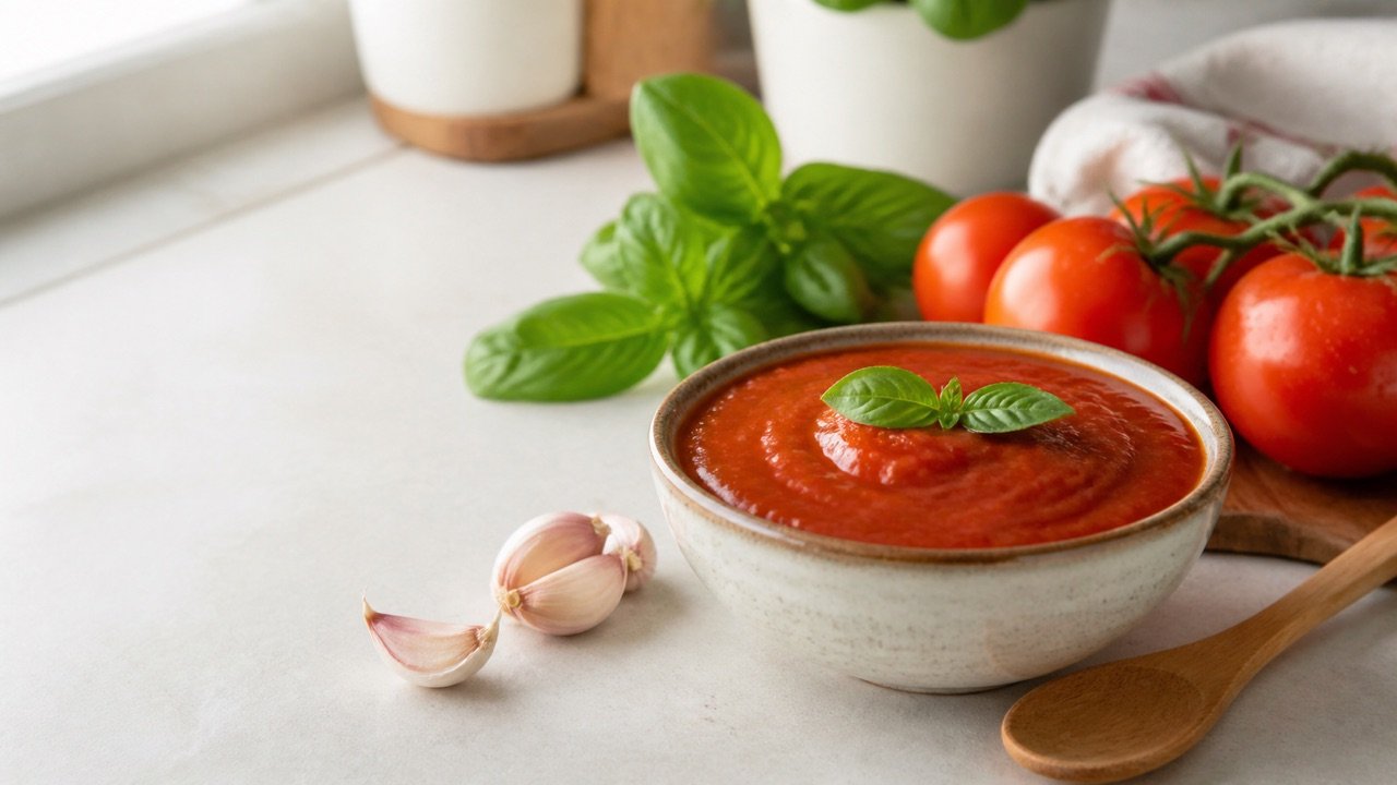 Tigela de molho de tomate com tomates, manjericão e alho em uma bancada