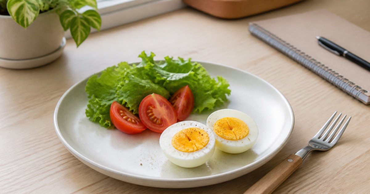 Ovo cozido com folhas e tomate em uma refeição simples