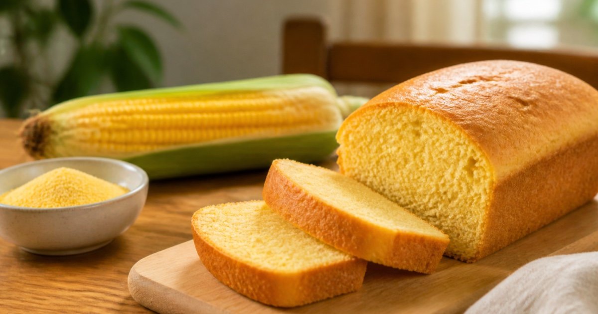 Pão de milho fatiado ao lado de farinha e uma espiga de milho
