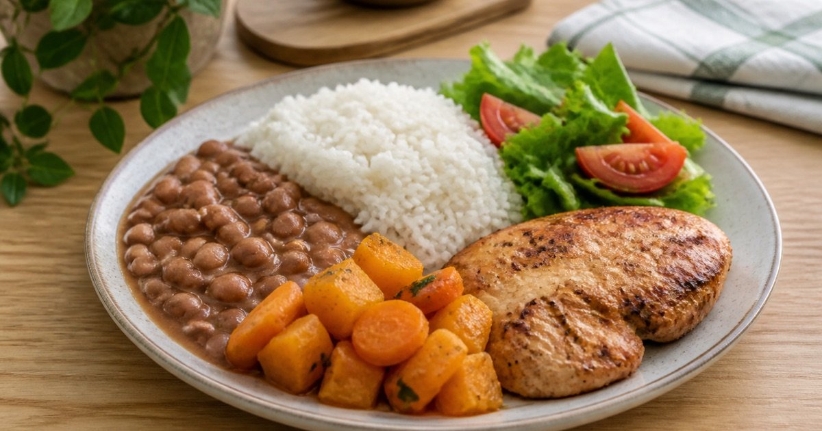Prato com arroz, feijão, legumes, salada e frango grelhado