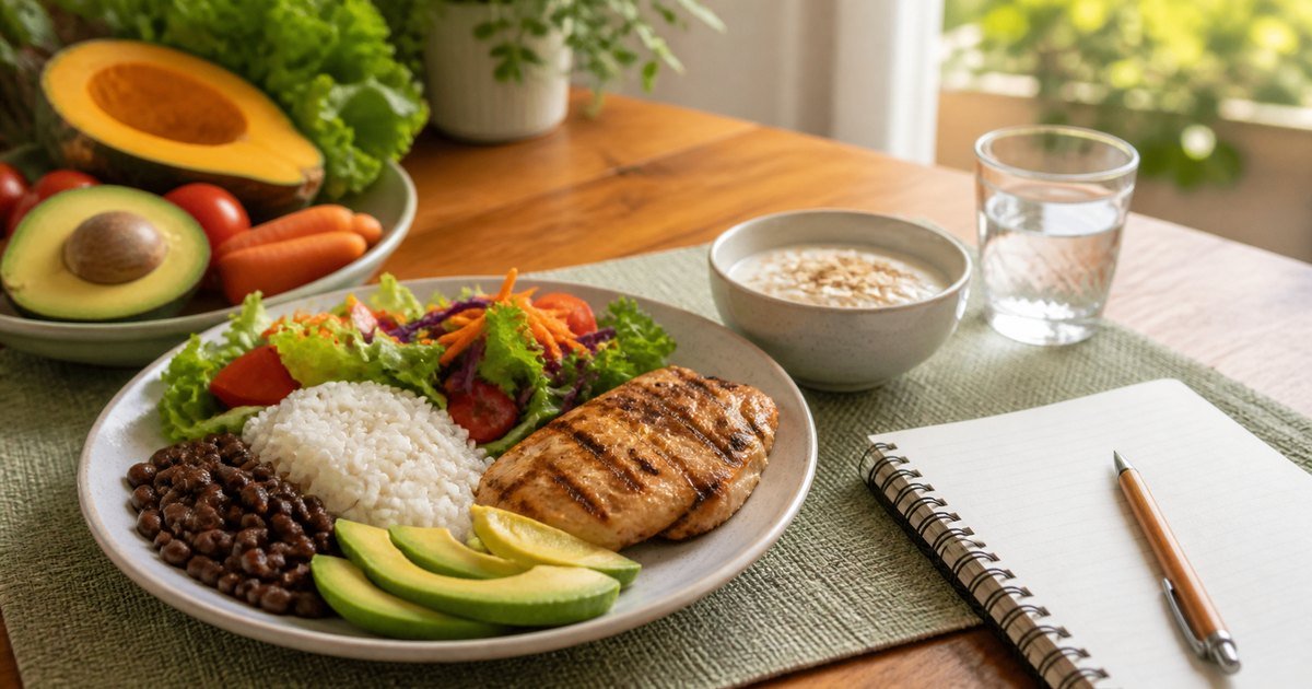Refeição com arroz, feijão, frango, vegetais, abacate e caderno de anotações