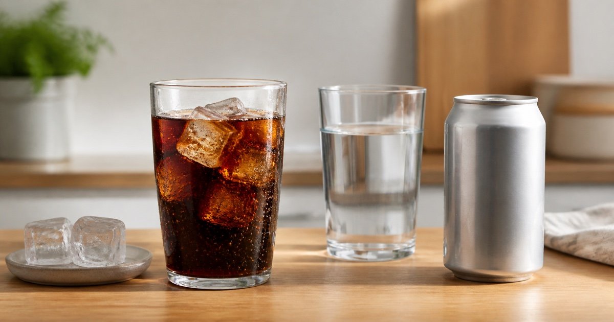 Copo de refrigerante escuro com gelo ao lado de água e lata sem marca