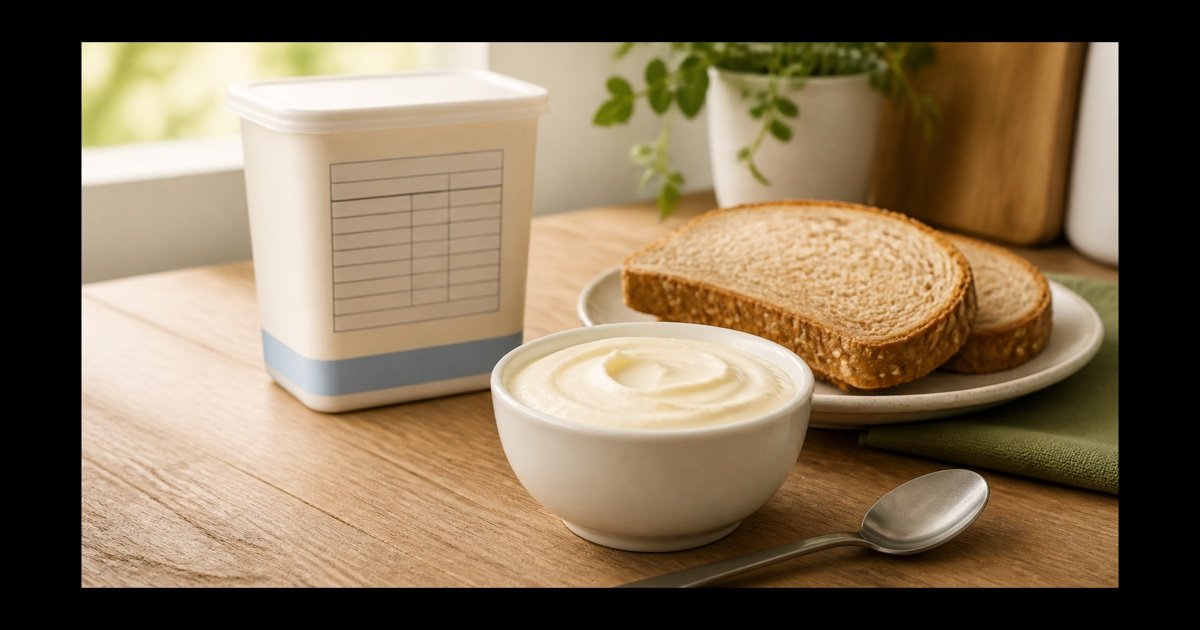 Tigela de requeijão cremoso ao lado de pão e embalagem com tabela nutricional