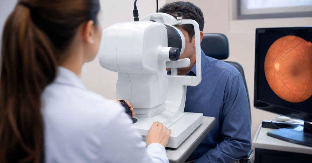 Exame oftalmológico para avaliação da retina em pessoa com diabetes