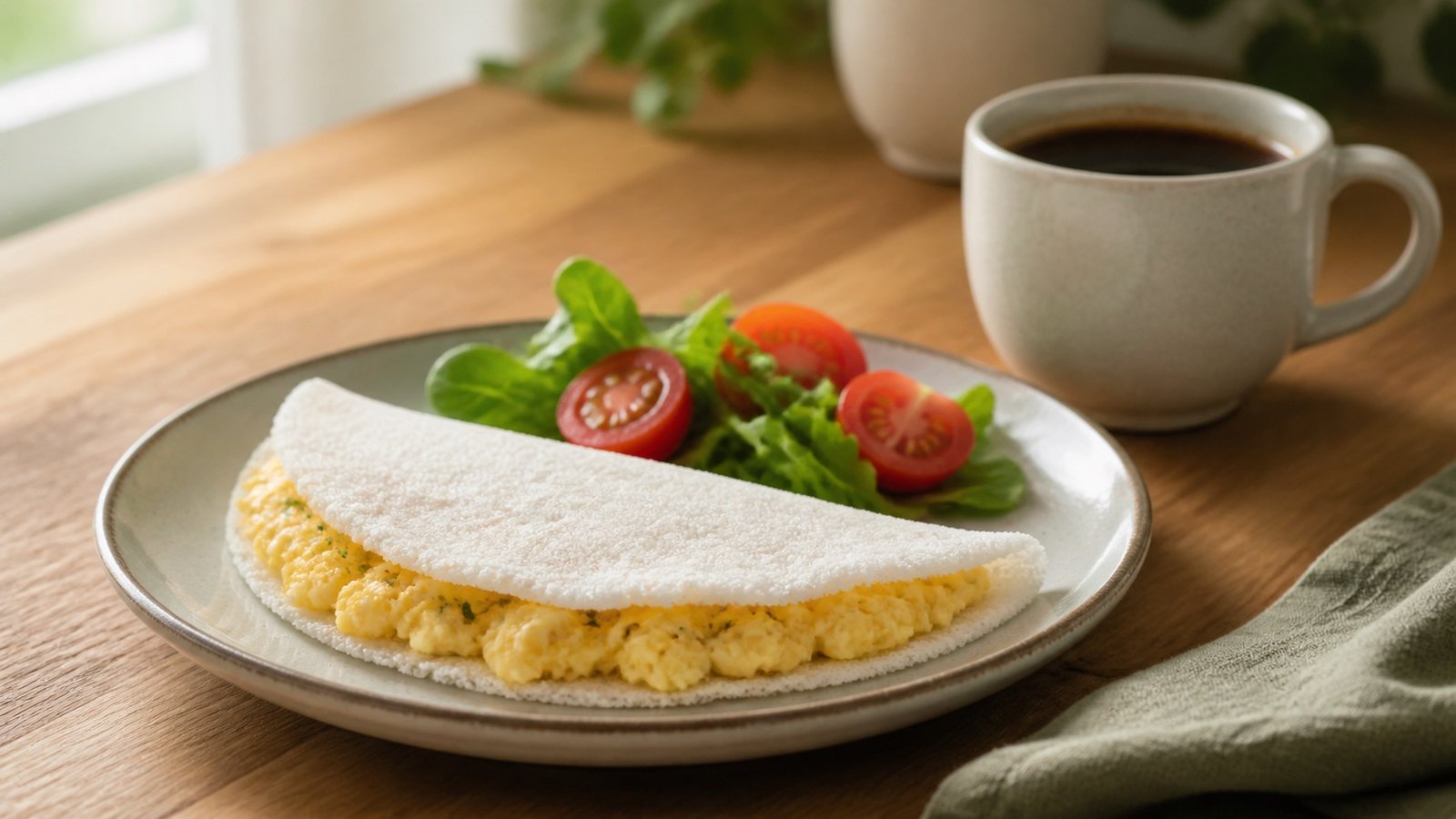 Tapioca com ovo, tomate e folhas ao lado de uma xícara de café