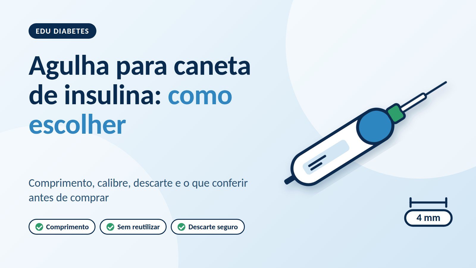 Ilustração de uma caneta de insulina com agulha e a indicação de 4 mm, com o título Agulha para caneta de insulina: como escolher.