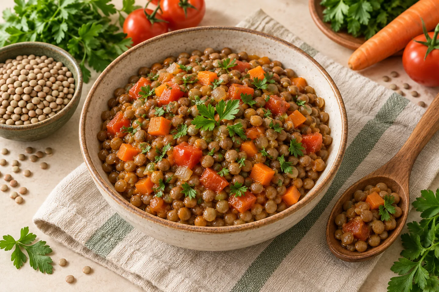 Preparo de lentilhas com vegetais