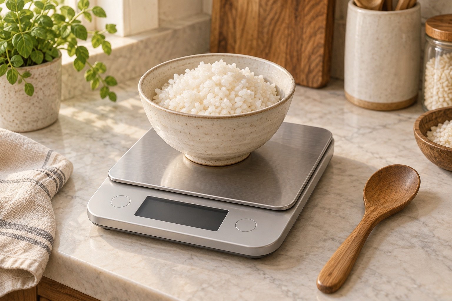 Ilustração de uma tigela de arroz sobre uma balança digital de cozinha sem marca.