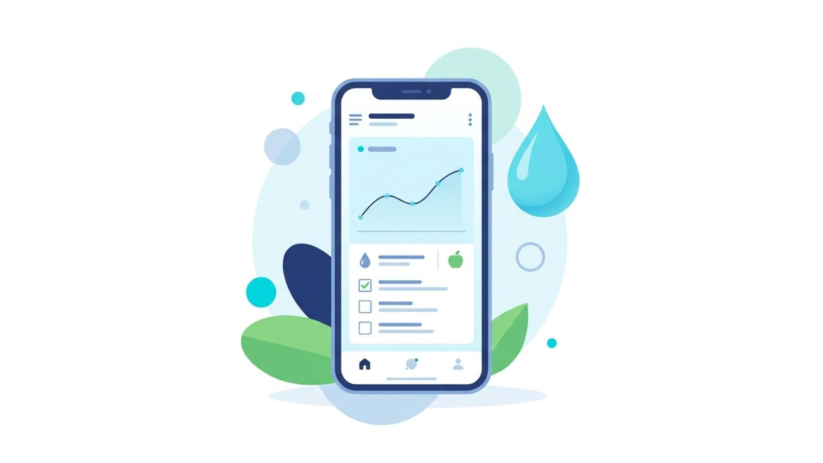 Ilustração estilizada de um smartphone com elementos gráficos de acompanhamento na tela — incluindo uma curva de tendência e uma lista organizada —, ao lado de uma gota d'água decorativa, representando o controle digital do diabetes.