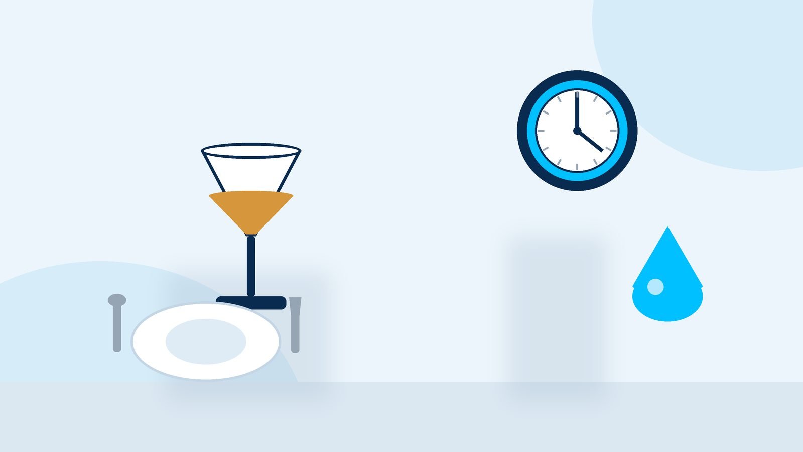 Ilustração de uma taça com bebida preenchida até a metade ao lado de um prato com talheres, um relógio analógico e uma gota de glicose, representando moderação, horário das refeições e monitoramento.